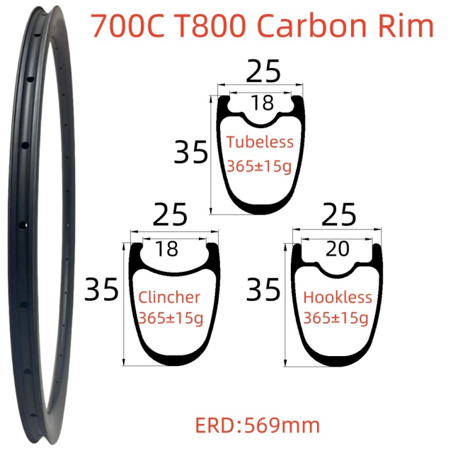 700C Road Bike Carbon Rim 25mm Width 35mm Depth Super Light Symmetry Tubeless Clincher Hookless T800 Carbon Rim