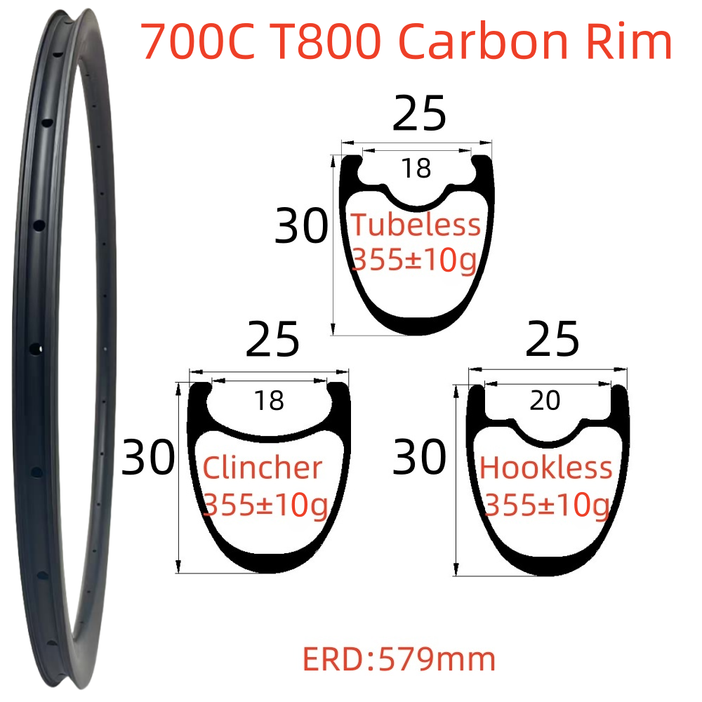 700C Road Bike Carbon Rim 25mm Width 30mm Depth Super Light Symmetry Tubeless Clincher Hookless T800 Carbon Rim