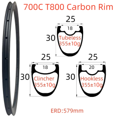 700C Road Bike Carbon Rim 25mm Width 30mm Depth Super Light Symmetry Tubeless Clincher Hookless T800 Carbon Rim