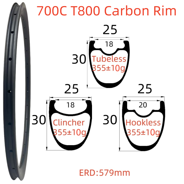 700C Road Bike Carbon Rim 25mm Width 30mm Depth Super Light Symmetry Tubeless Clincher Hookless T800 Carbon Rim