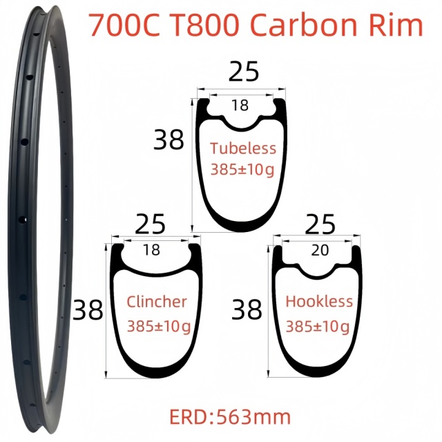 700C Road Bike Carbon Rim 25mm Width 38mm Depth Super Light Symmetry Tubeless Clincher Hookless T800 Carbon Rim