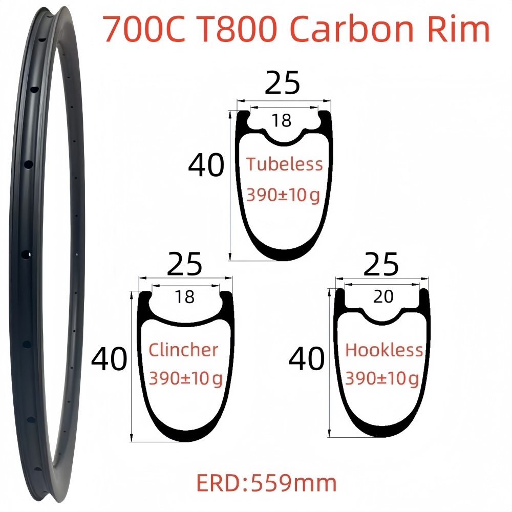 700C Road Bike Carbon Rim 25mm Width 40mm Depth Super Light Symmetry Tubeless Clincher Hookless T800 Carbon Rim