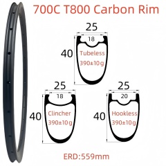 700C Road Bike Carbon Rim 25mm Width 40mm Depth Super Light Symmetry Tubeless Clincher Hookless T800 Carbon Rim