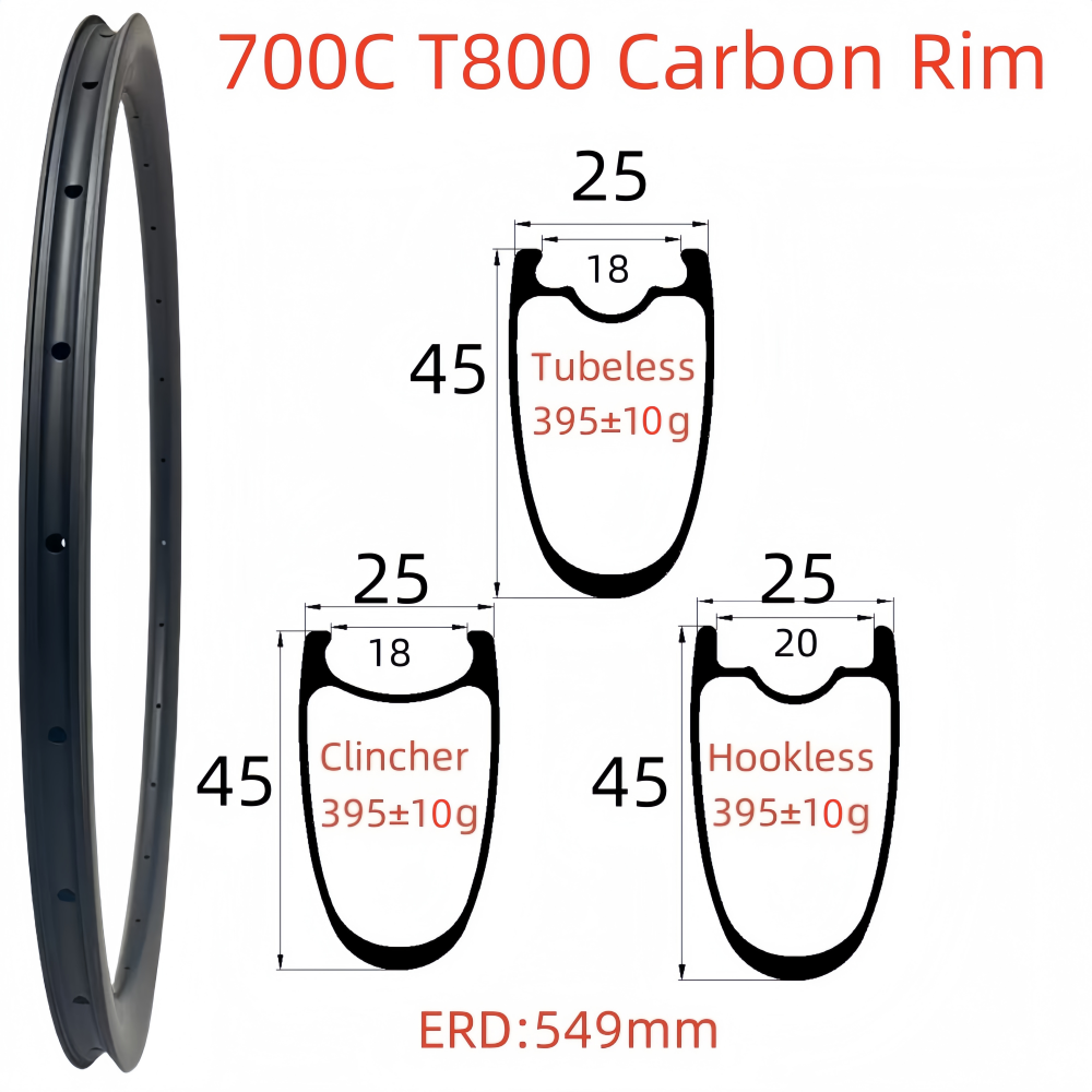 700C Road Bike Carbon Rim 25mm Width 45mm Depth Super Light Symmetry Tubeless Clincher Hookless T800 Carbon Rim
