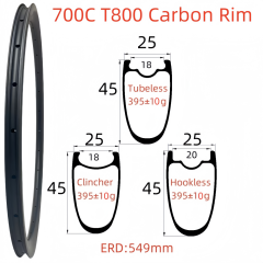 700C Road Bike Carbon Rim 25mm Width 45mm Depth Super Light Symmetry Tubeless Clincher Hookless T800 Carbon Rim