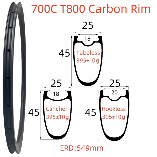 700C Road Bike Carbon Rim 25mm Width 45mm Depth Super Light Symmetry Tubeless Clincher Hookless T800 Carbon Rim