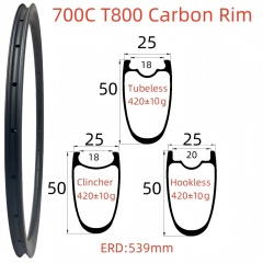 700C Road Bike Carbon Rim 25mm Width 50mm Depth Super Light Symmetry Tubeless Clincher Hookless T800 Carbon Rim
