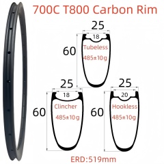 700C Road Bike Carbon Rim 25mm Width 60mm Depth Super Light Symmetry Tubeless Clincher Hookless T800 Carbon Rim