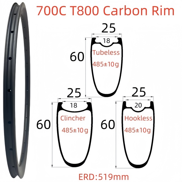 700C Road Bike Carbon Rim 25mm Width 60mm Depth Super Light Symmetry Tubeless Clincher Hookless T800 Carbon Rim