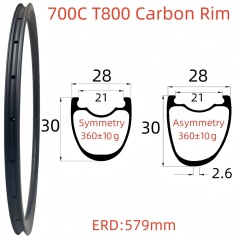700C Road Bike Carbon Rim 28mm Width 30mm Depth Super Light Tubeless Hookless T800 Carbon Rim