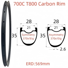 700C Road Bike Carbon Rim 28mm Width 35mm Depth Super Light Tubeless T800 Carbon Rim