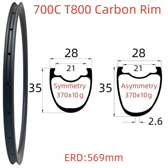 700C Road Bike Carbon Rim 28mm Width 35mm Depth Super Light Tubeless T800 Carbon Rim
