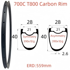 700C Road Bike Carbon Rim 28mm Width 40mm Depth Super Light Tubeless T800 Carbon Rim