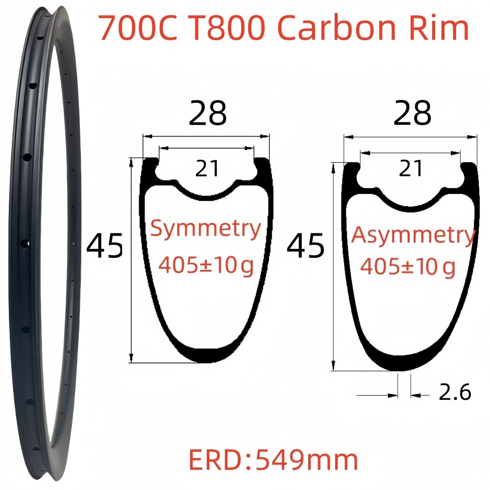 700C Road Bike Carbon Rim 28mm Width 45mm Depth Super Light Tubeless T800 Carbon Rim