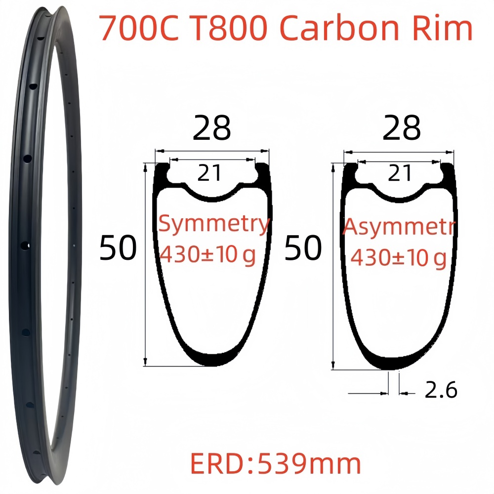 700C Road Bike Carbon Rim 28mm Width 50mm Depth Super Light Tubeless T800 Carbon Rim