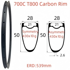 700C Road Bike Carbon Rim 28mm Width 50mm Depth Super Light Tubeless T800 Carbon Rim