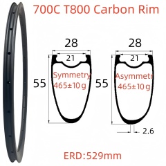 700C Road Bike Carbon Rim 28mm Width 55mm Depth Super Light Tubeless T800 Carbon Rim