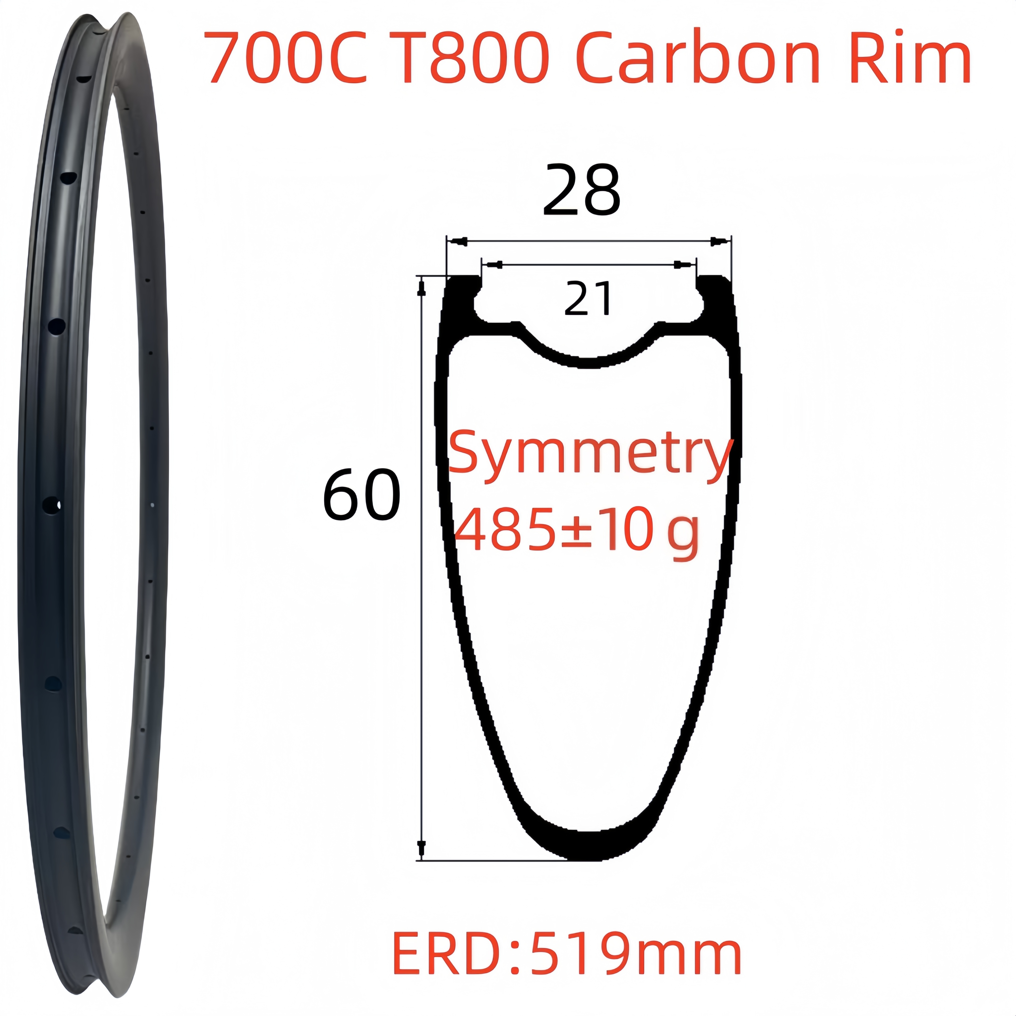 700C Road Bike Carbon Rim 28mm Width 60mm Depth Super Light Tubeless T800 Carbon Rim