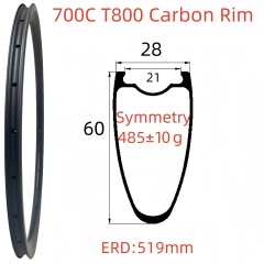 700C Road Bike Carbon Rim 28mm Width 60mm Depth Super Light Tubeless T800 Carbon Rim