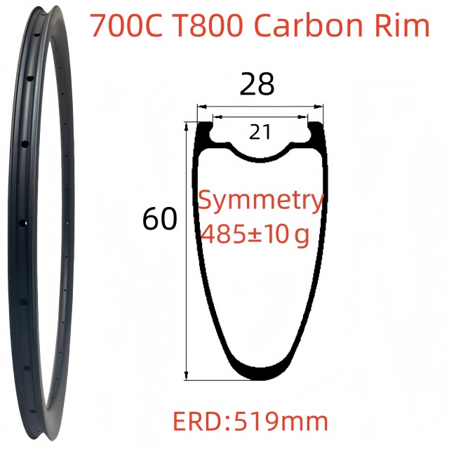 700C Road Bike Carbon Rim 28mm Width 60mm Depth Super Light Tubeless T800 Carbon Rim