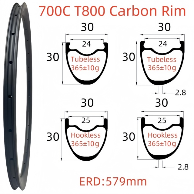 700C Road Bike Carbon Rim 30mm Width 30mm Depth Super Light Tubeless T800 Carbon Rim