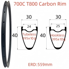 700C Road Bike Carbon Rim 30mm Width 40mm Depth Super Light Tubeless T800 Carbon Rim