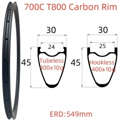 700C Road Bike Carbon Rim 30mm Width 45mm Depth Super Light Tubeless T800 Carbon Rim