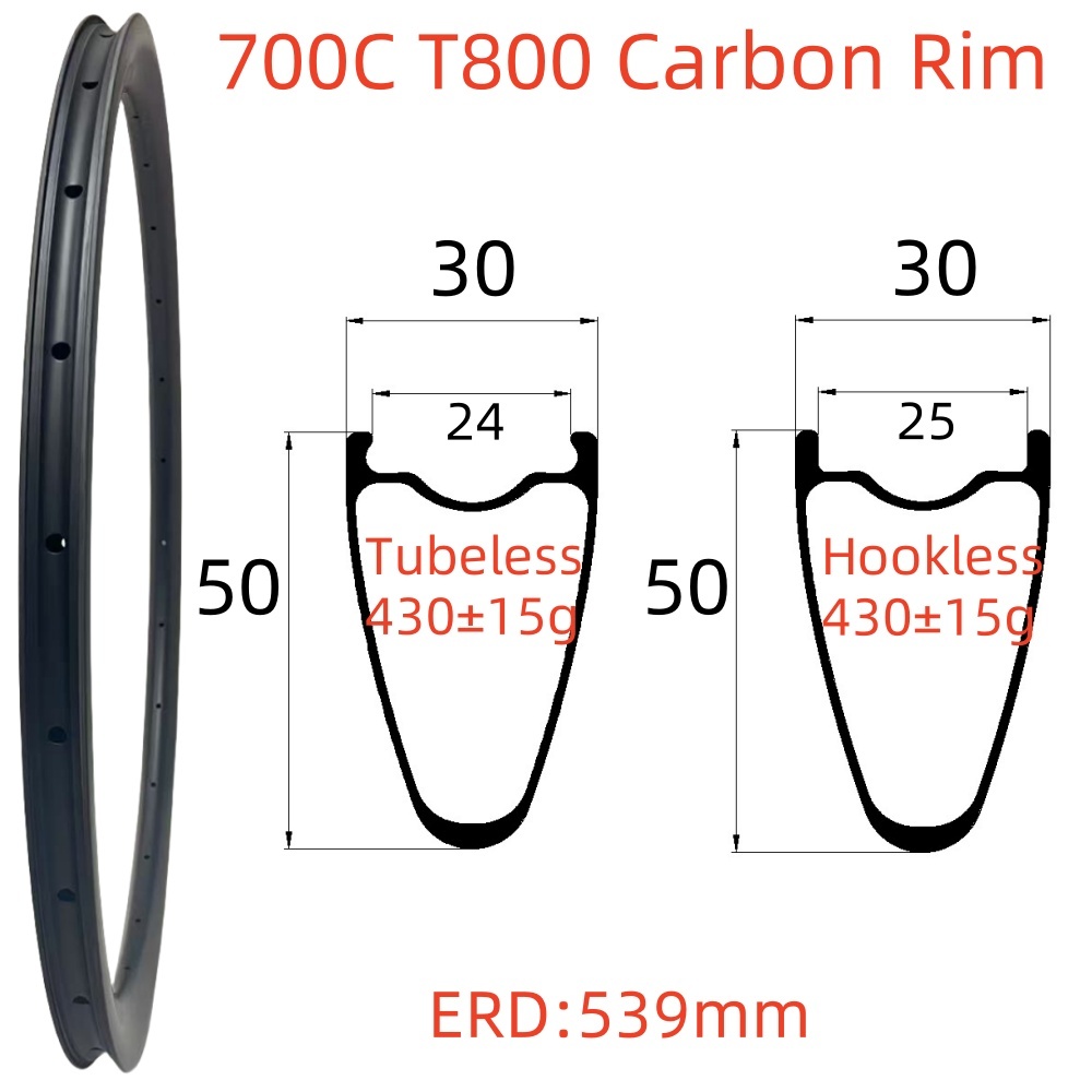 700C Road Bike Carbon Rim 30mm Width 50mm Depth Super Light Tubeless T800 Carbon Rim
