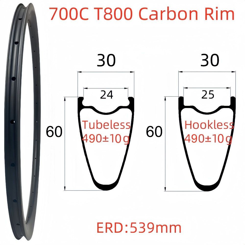 700C Road Bike Carbon Rim 30mm Width 60mm Depth Super Light Tubeless T800 Carbon Rim