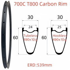 700C Road Bike Carbon Rim 30mm Width 60mm Depth Super Light Tubeless T800 Carbon Rim