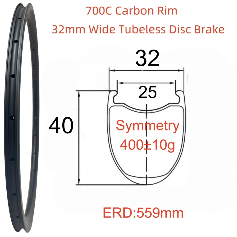 700C Road Bike Carbon Rim 32mm Width 40mm Depth Super Light Tubeless T800 Carbon Rim
