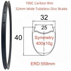 700C Road Bike Carbon Rim 32mm Width 40mm Depth Super Light Tubeless T800 Carbon Rim