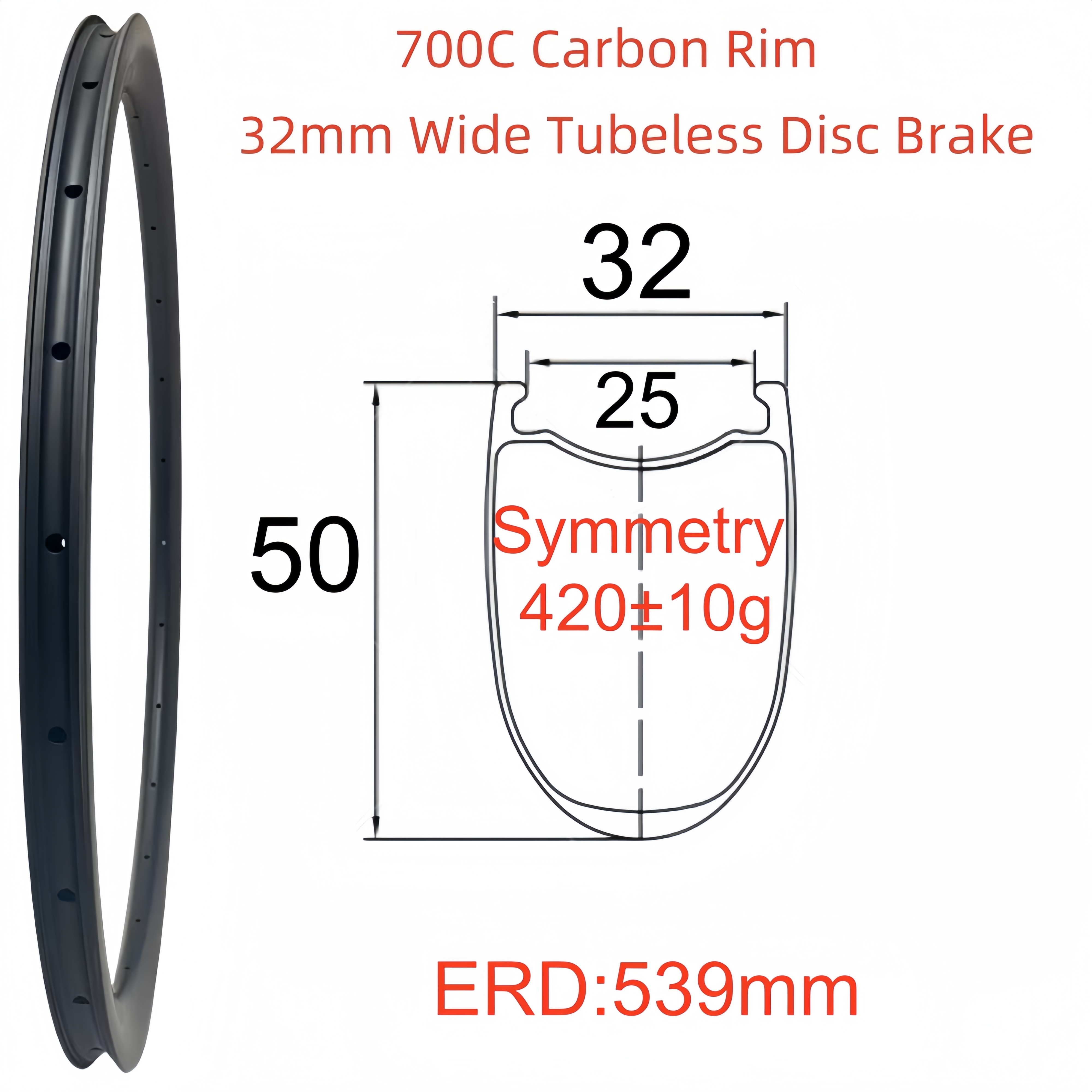 700C Road Bike Carbon Rim 32mm Width 50mm Depth Super Light Tubeless Disc Brake T800 Carbon Rim