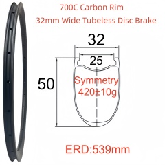 700C Road Bike Carbon Rim 32mm Width 50mm Depth Super Light Tubeless Disc Brake T800 Carbon Rim