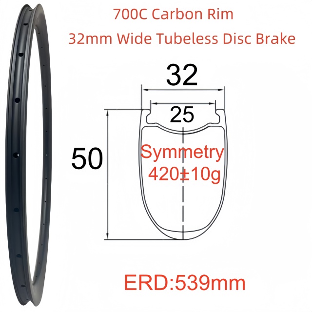 700C Road Bike Carbon Rim 32mm Width 50mm Depth Super Light Tubeless Disc Brake T800 Carbon Rim