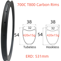 700C Road Bike Carbon Rim 38mm Width 54mm Depth Super Light Tubeless Disc Brake T800 Gravel Bike Carbon Rim