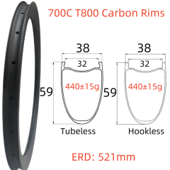 700C Road Bike Carbon Rim 38mm Width 59mm Depth Super Light Tubeless Disc Brake T800 Gravel Bike Carbon Rim
