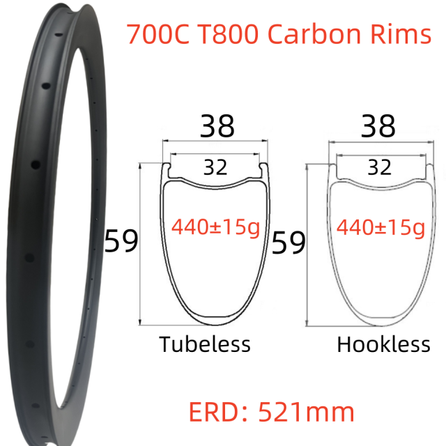 700C Road Bike Carbon Rim 38mm Width 59mm Depth Super Light Tubeless Disc Brake T800 Gravel Bike Carbon Rim