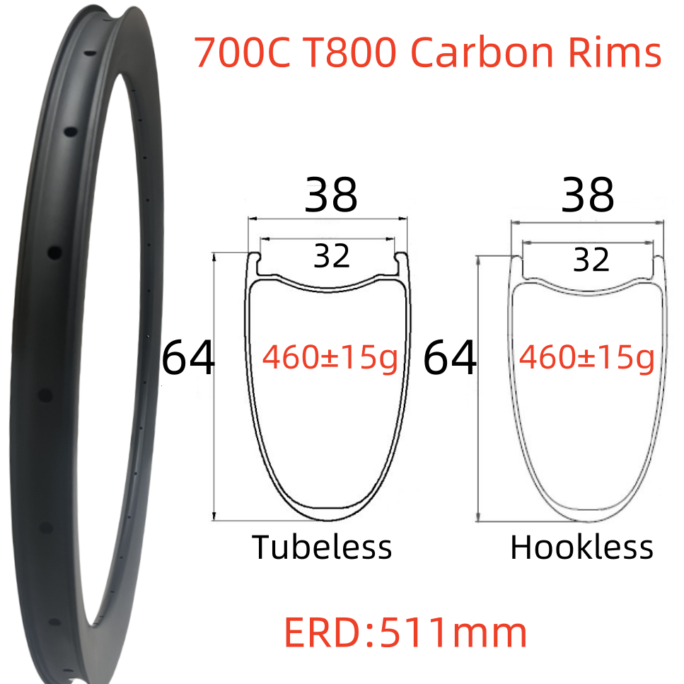 700C Road Bike Carbon Rim 38mm Width 64mm Depth Super Light Tubeless Disc Brake T800 Gravel Bike Carbon Rim