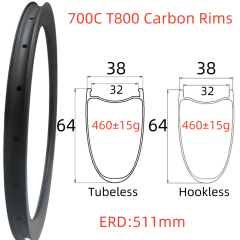 700C Road Bike Carbon Rim 38mm Width 64mm Depth Super Light Tubeless Disc Brake T800 Gravel Bike Carbon Rim