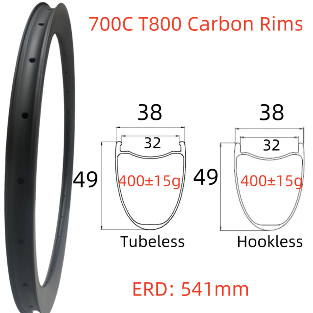 700C Road Bike Carbon Rim 38mm Width 49mm Depth Super Light Tubeless Disc Brake T800 Gravel Bike Carbon Rim