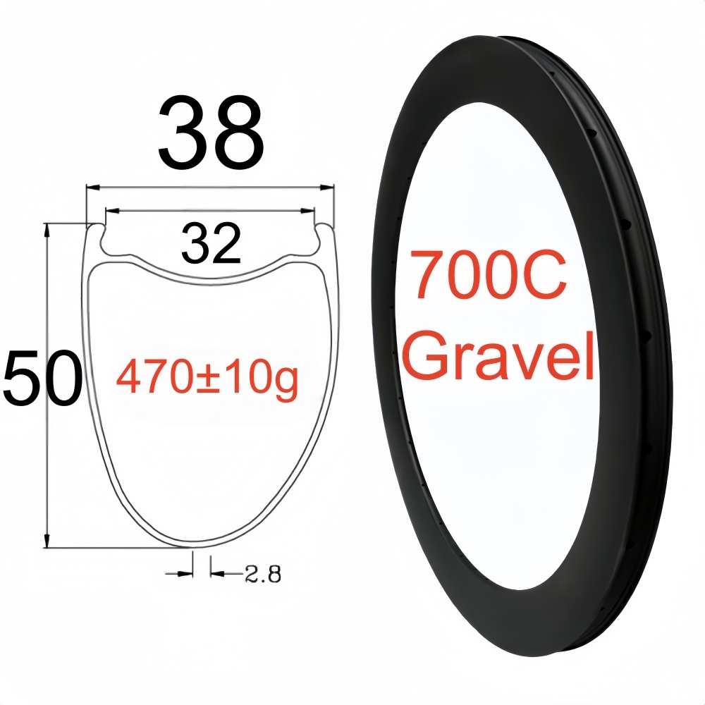 700C Road Bike Carbon Rim 38mm Width 50mm Depth Super Light Tubeless Disc Brake T800 Gravel Bike Carbon Rim