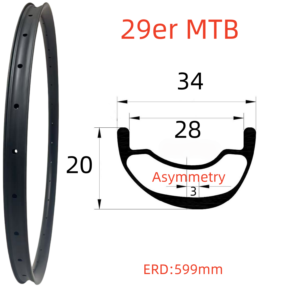 29er MTB Carbon Rim 20mm Depth 34mm Width Tubeless Hookless Disc Brake MTB T800 Carbon Rim