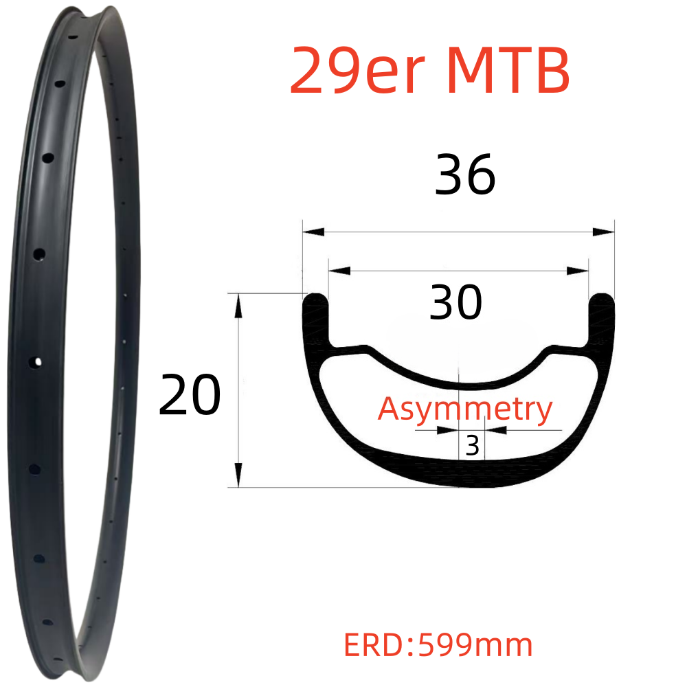 29er MTB Carbon Rim 20mm Depth 36mm Width Tubeless Hookless Disc Brake MTB T800 Carbon Rim