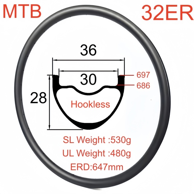 32er MTB Carbon Rim 28mm Depth 36mm Width Tubeless Hookless Hook Disc Brake MTB T800 Carbon Rim