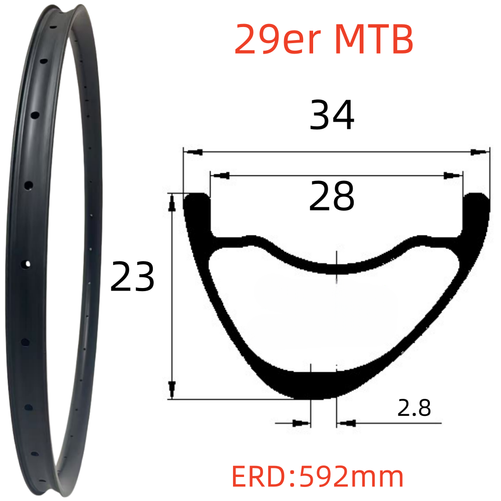 29er MTB Carbon Rim 23mm Depth 34mm Width Tubeless Hookless Disc Brake MTB T800 Carbon Rim