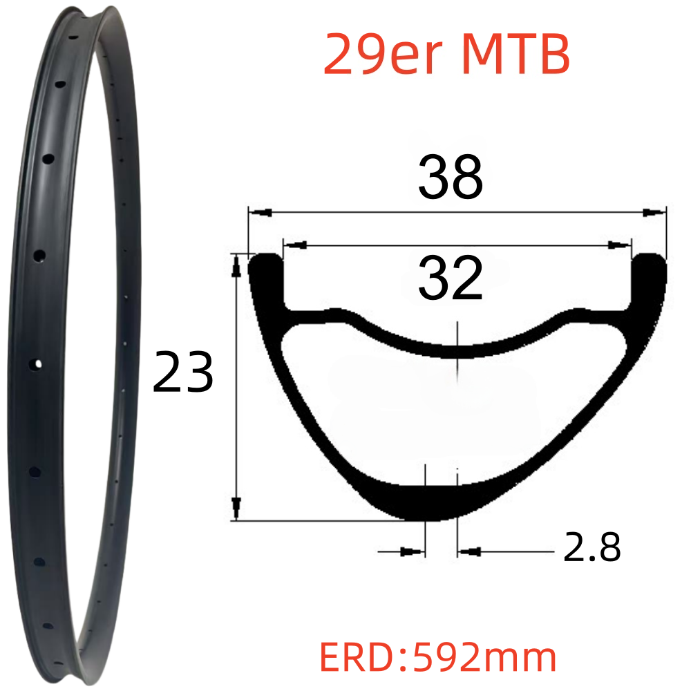 29er MTB Carbon Rim 23mm Depth 38mm Width Tubeless Hookless Disc Brake MTB T800 Carbon Rim