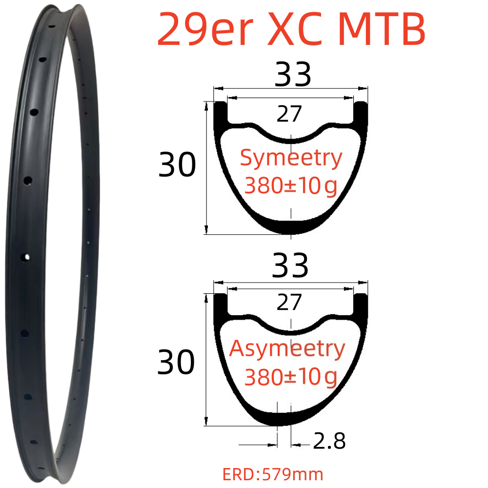 29er MTB Carbon Rim 30mm Depth 33mm Width Tubeless Hookless Disc Brake MTB T800 Carbon Rim