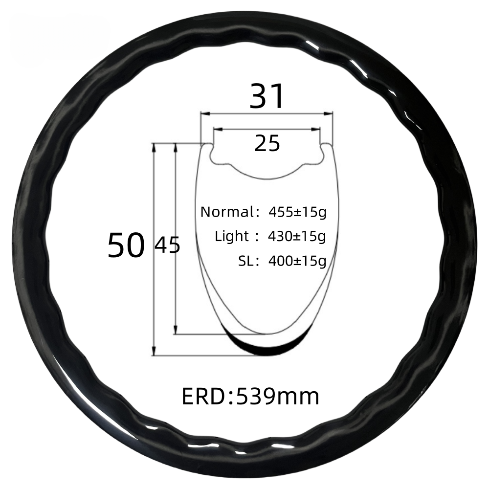 700C Road Bike Wave Carbon Rim 31mm Width 50mm Depth Tubeless 24Hole T800 Carbon Rim