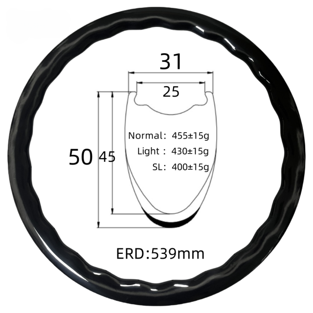700C Road Bike Wave Carbon Rim 31mm Width 50mm Depth Tubeless 24Hole T800 Carbon Rim